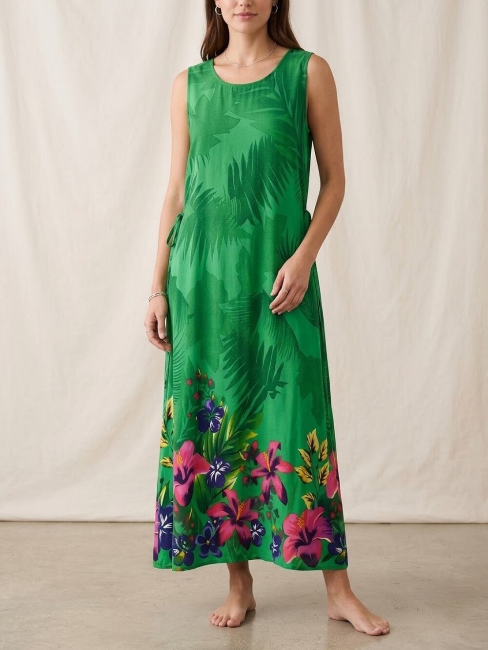 Serengeti Women's Green Tropical Leaf Hibiscus Floral Sleeveless Maxi Dress Larg